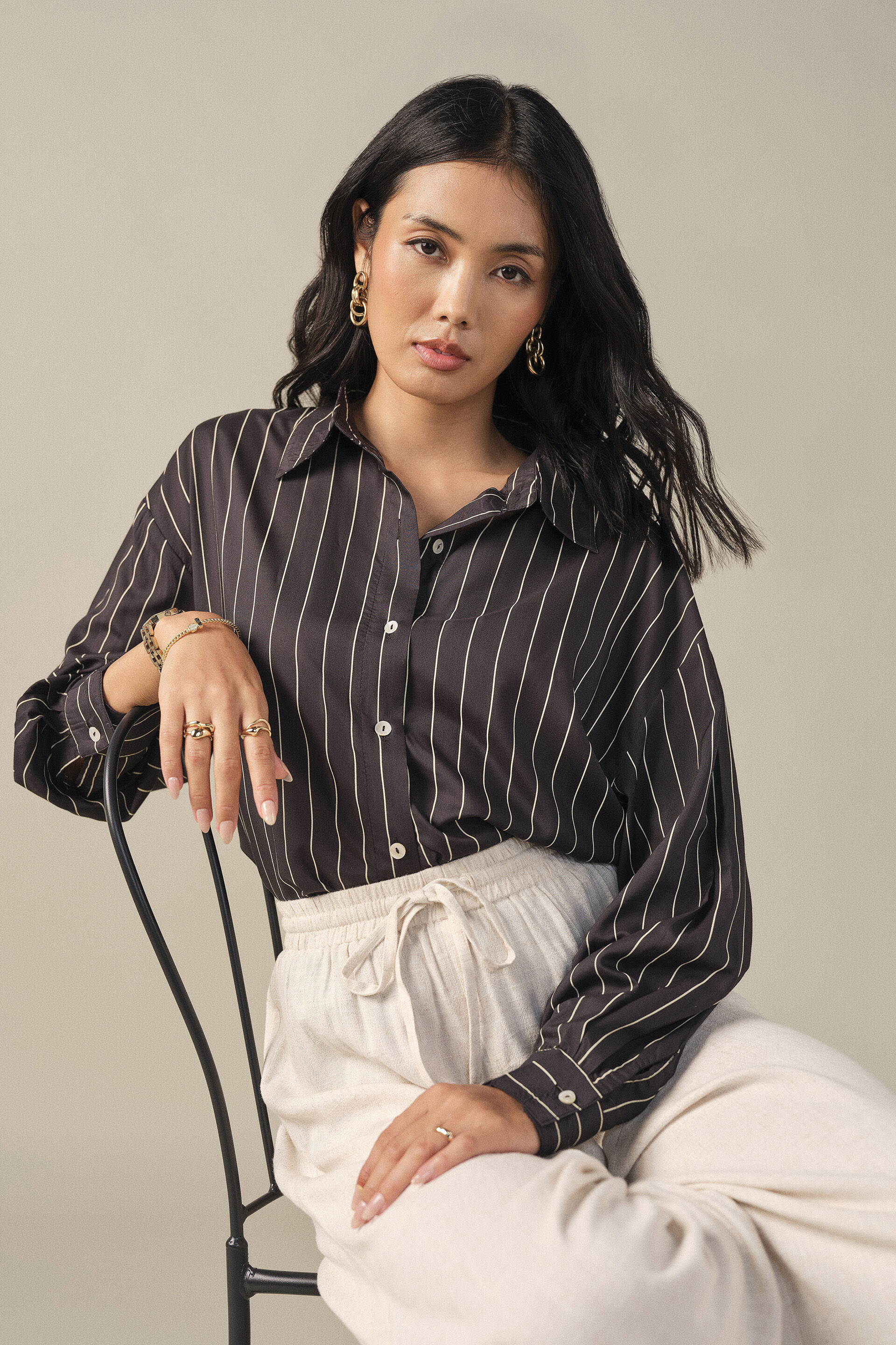 Striped Modal Shirt in Black, Black, image 4